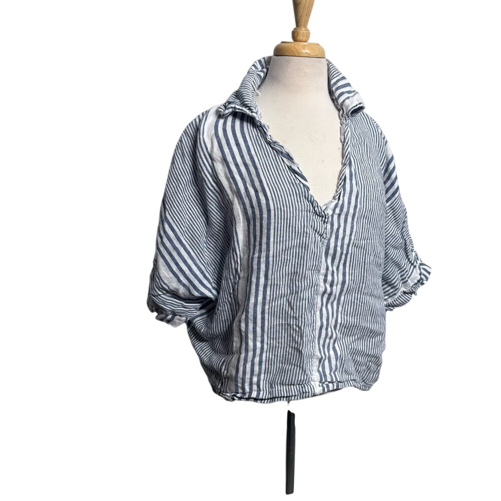Blue White Striped Linen‎ V-Neck Dolman Sleeve Blouse Coastal Boho Top XL